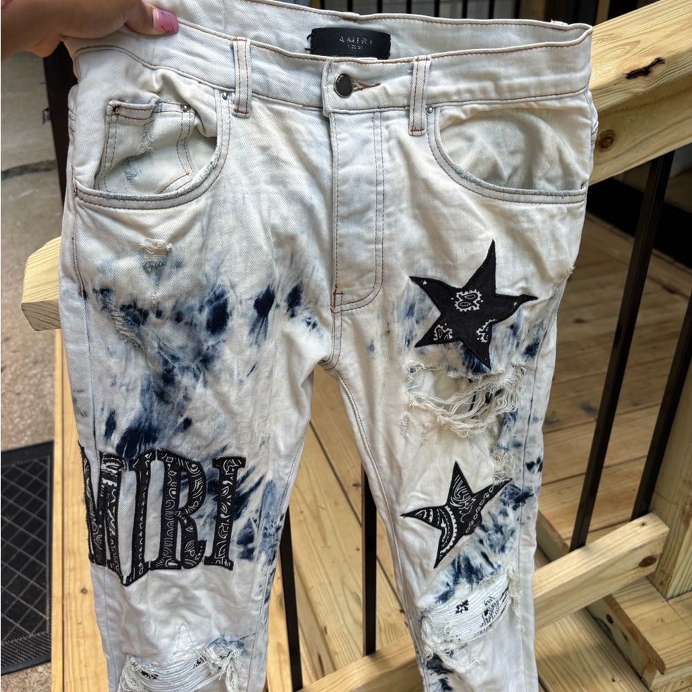 White and Blue Distressed Jeans with Star Patches